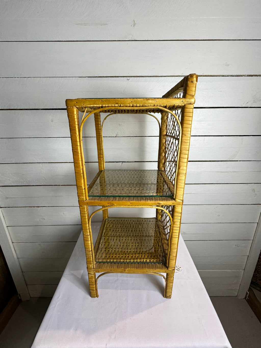 Vintage Rattan Wicker Three Tiered Shelf