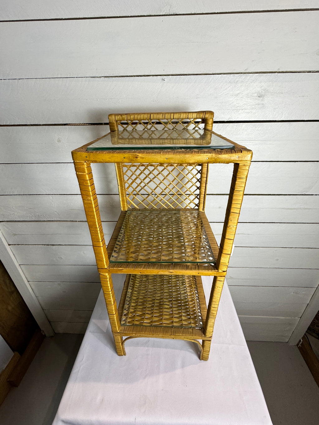 Vintage Rattan Wicker Three Tiered Shelf