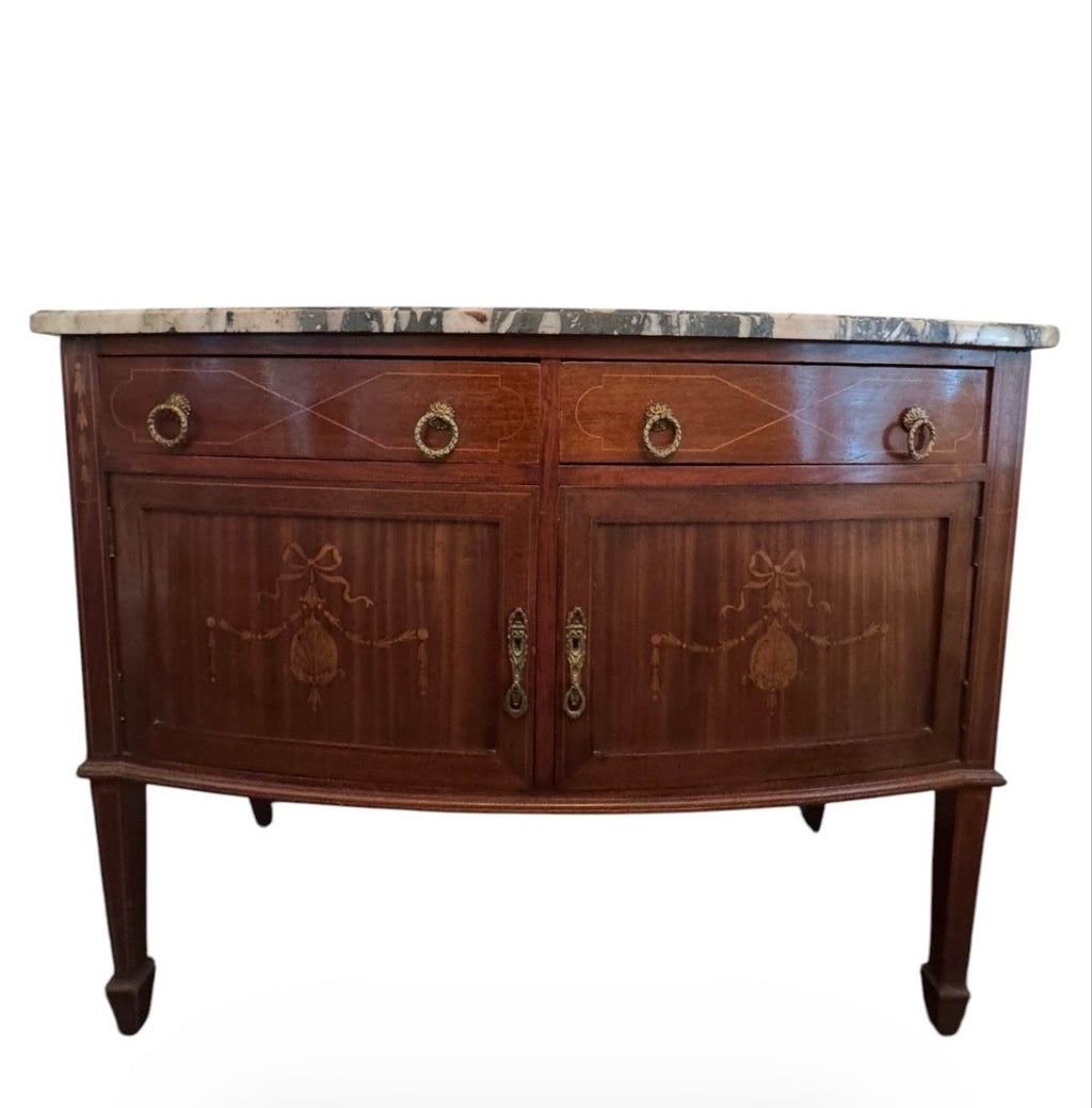 Antique French Louis XVI Demilune Mahogany  Calacatta Viola Marble Top Buffet Sideboard Credenza