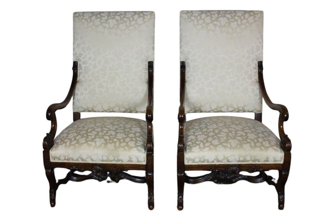 Antique French  Louis XIV Style Carved Walnut Ivory White Arm Chairs - Set of 2