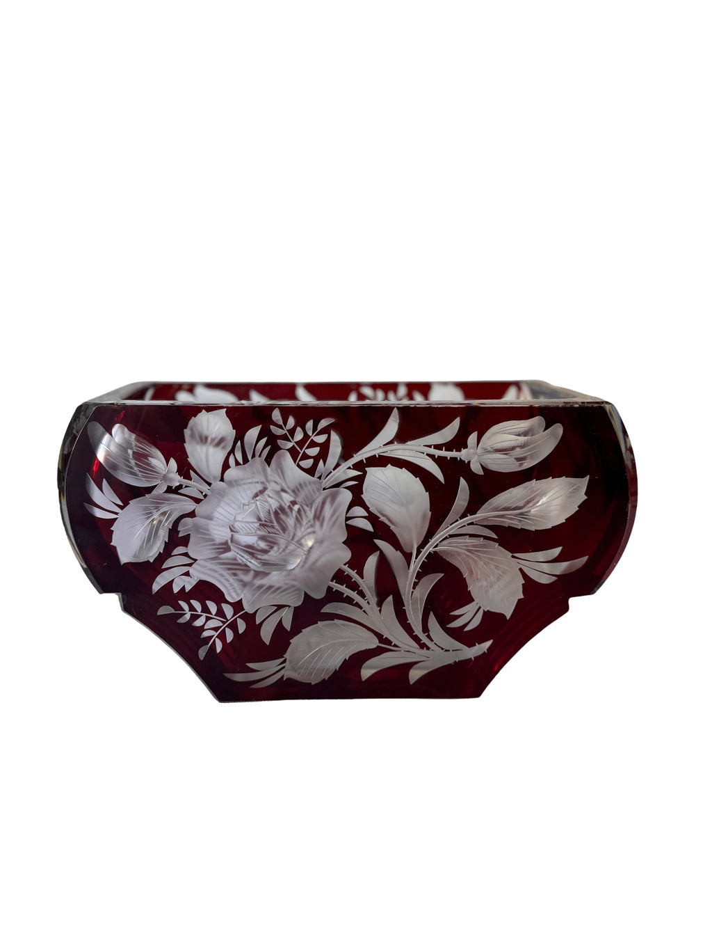 Antique Czech Bohemian  Ruby Red Art Deco Hand Cut to Clear Crystal Bowl, c. 1920