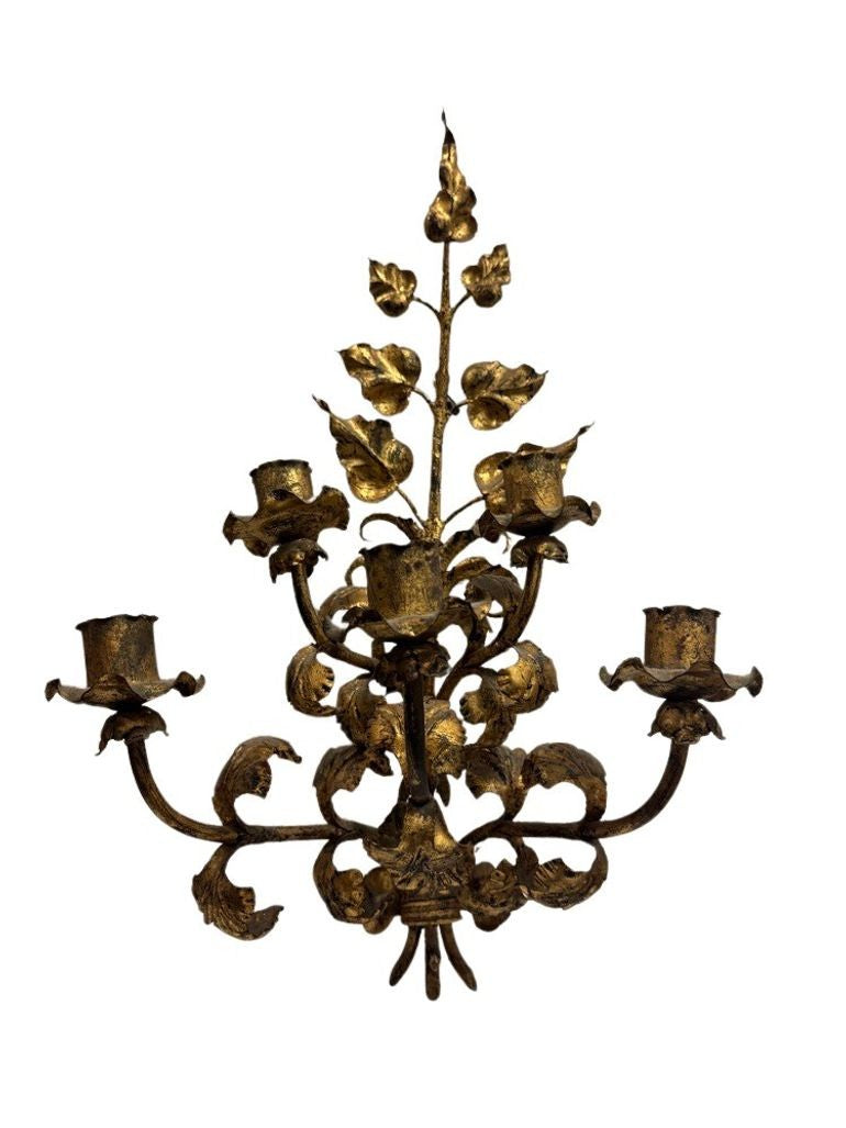 Antique Italian Wall Sconce Candelabra with Gilt Gold Leaf Motif for Five Candles, c. 1920