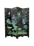 Vintage Chinese Four Panel Room Divider, Folding Screen with a Chinoiserie Pond Scene Painted on Both Sides