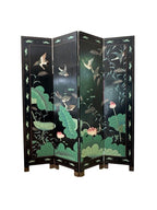 Vintage Chinese Four Panel Room Divider, Folding Screen with a Chinoiserie Pond Scene Painted on Both Sides