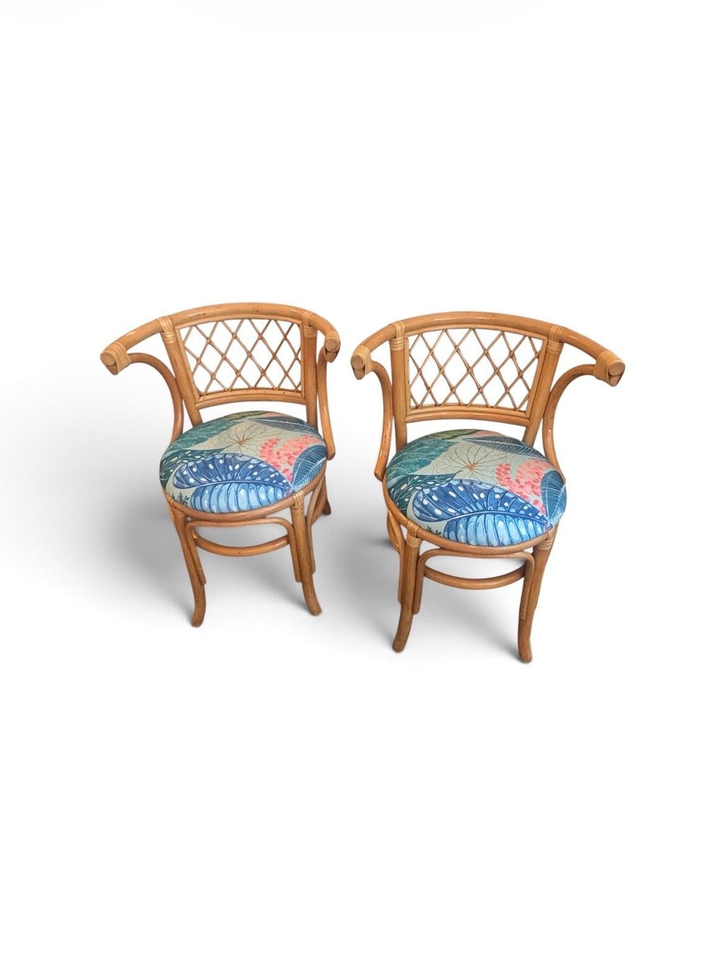 Vintage Bamboo & Rattan Barrel-Back Bistro Honeymoon Chairs, Pair, c. 1970s