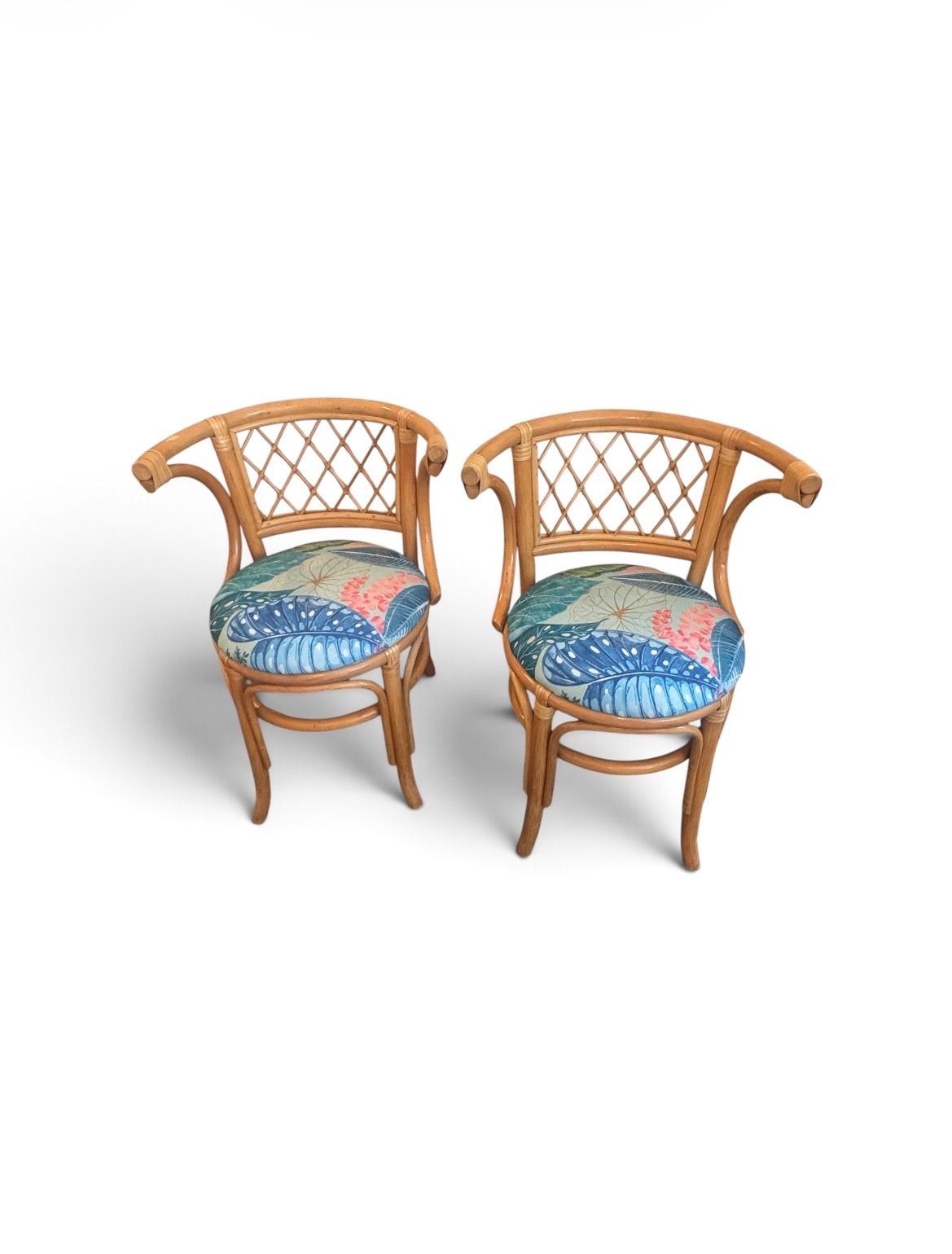 Vintage Bamboo & Rattan Barrel-Back Bistro Honeymoon Chairs, Pair, c. 1970s