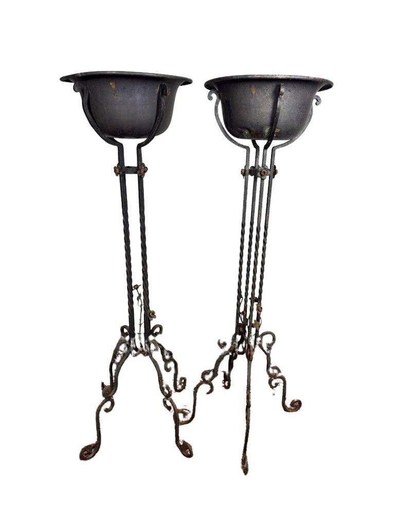 Antique Wrought Iron Plant Stands with Pot - Set of 2