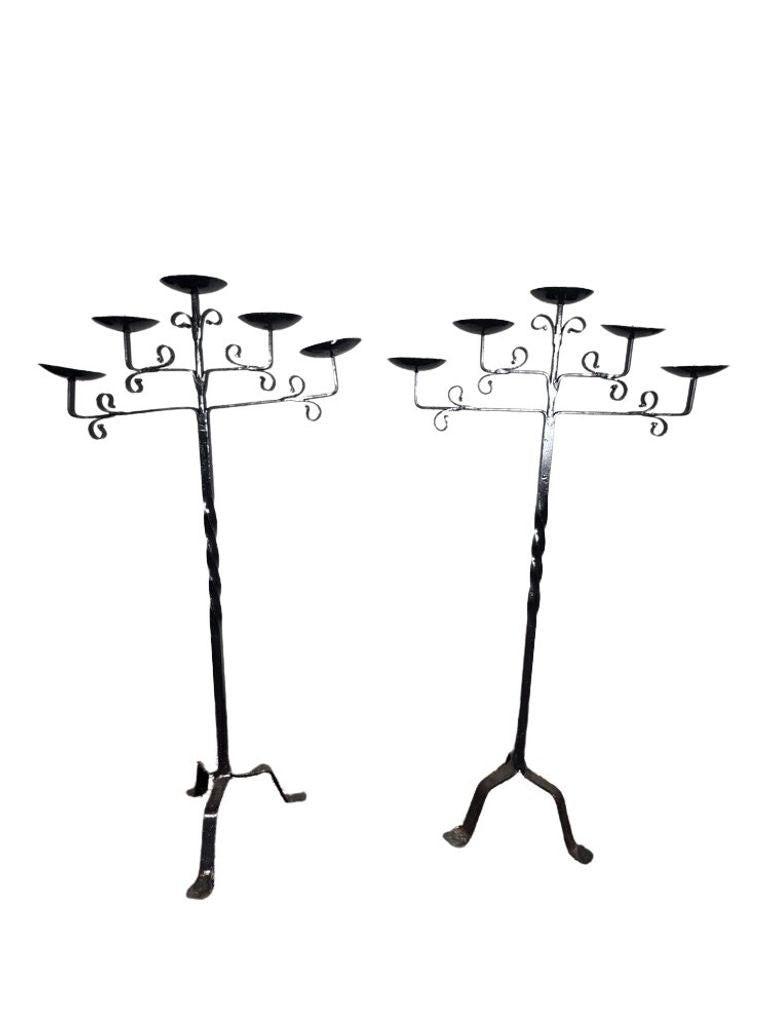 Antique Wrought Iron Floor Candelabras - Holds Five Candles - Set of 2