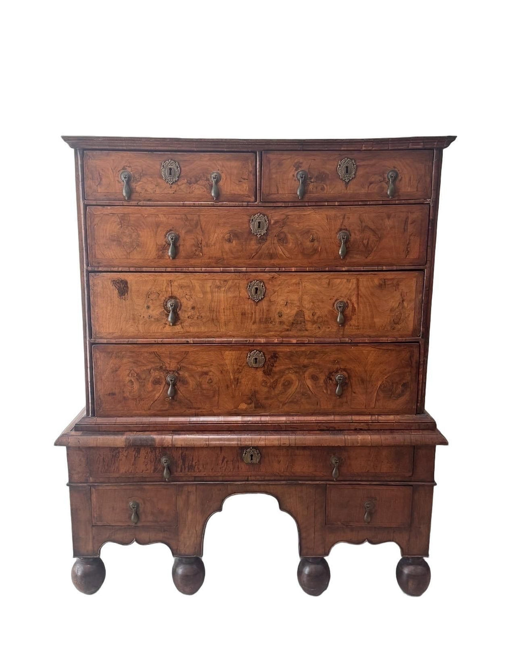 Antique William and Mary Burl Walnut Chest on Stand with Original Bronze Hardware and Cannonball Feet, Late 17th Century