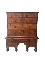 Antique William and Mary Burl Walnut Chest on Stand with Original Bronze Hardware and Cannonball Feet, Late 17th Century
