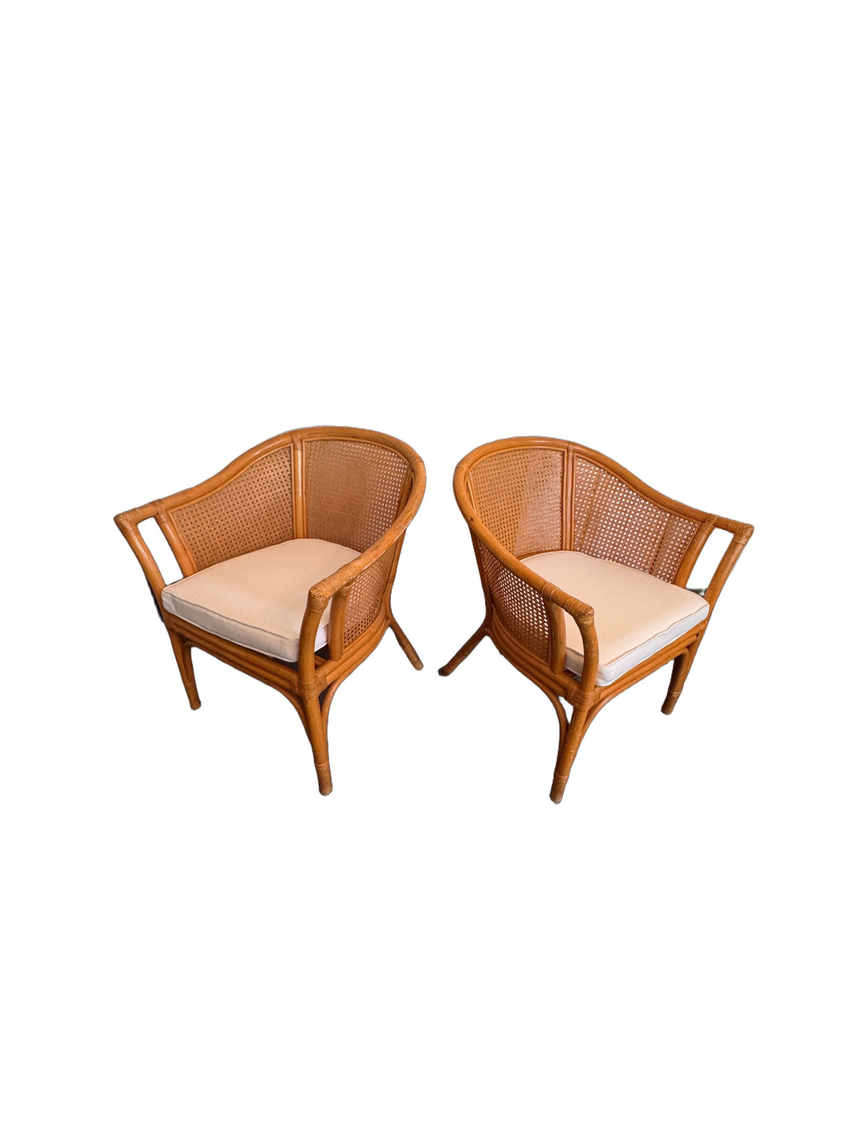 Vintage McGuire Style Rattan & Cane Barrel Back Armchairs, c. 1980s