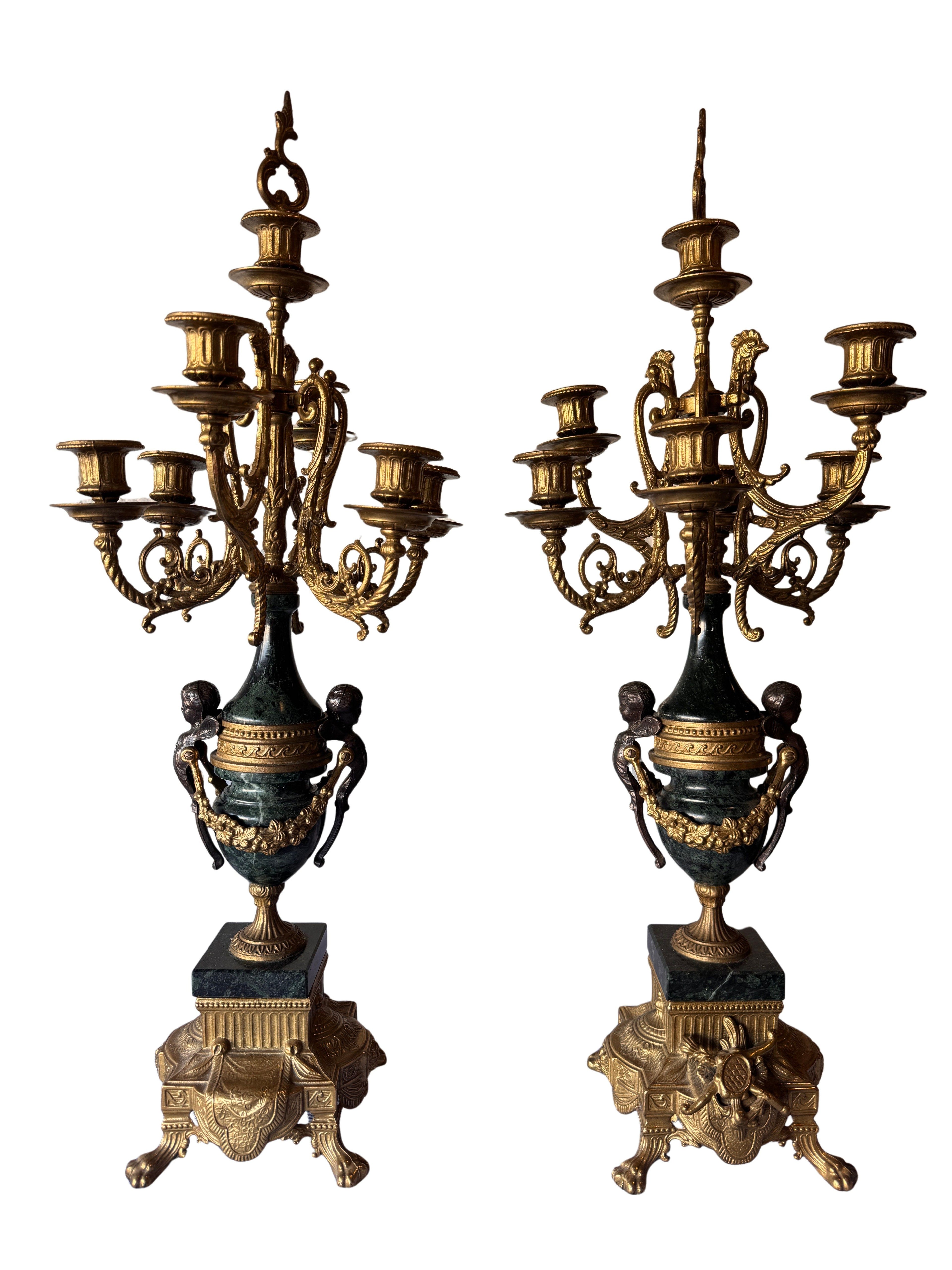 Antique Brevettato Six Candle Candelabra in the French Empire Style made of  Bronze and Marble, c. early 20th century - Sold as a Set