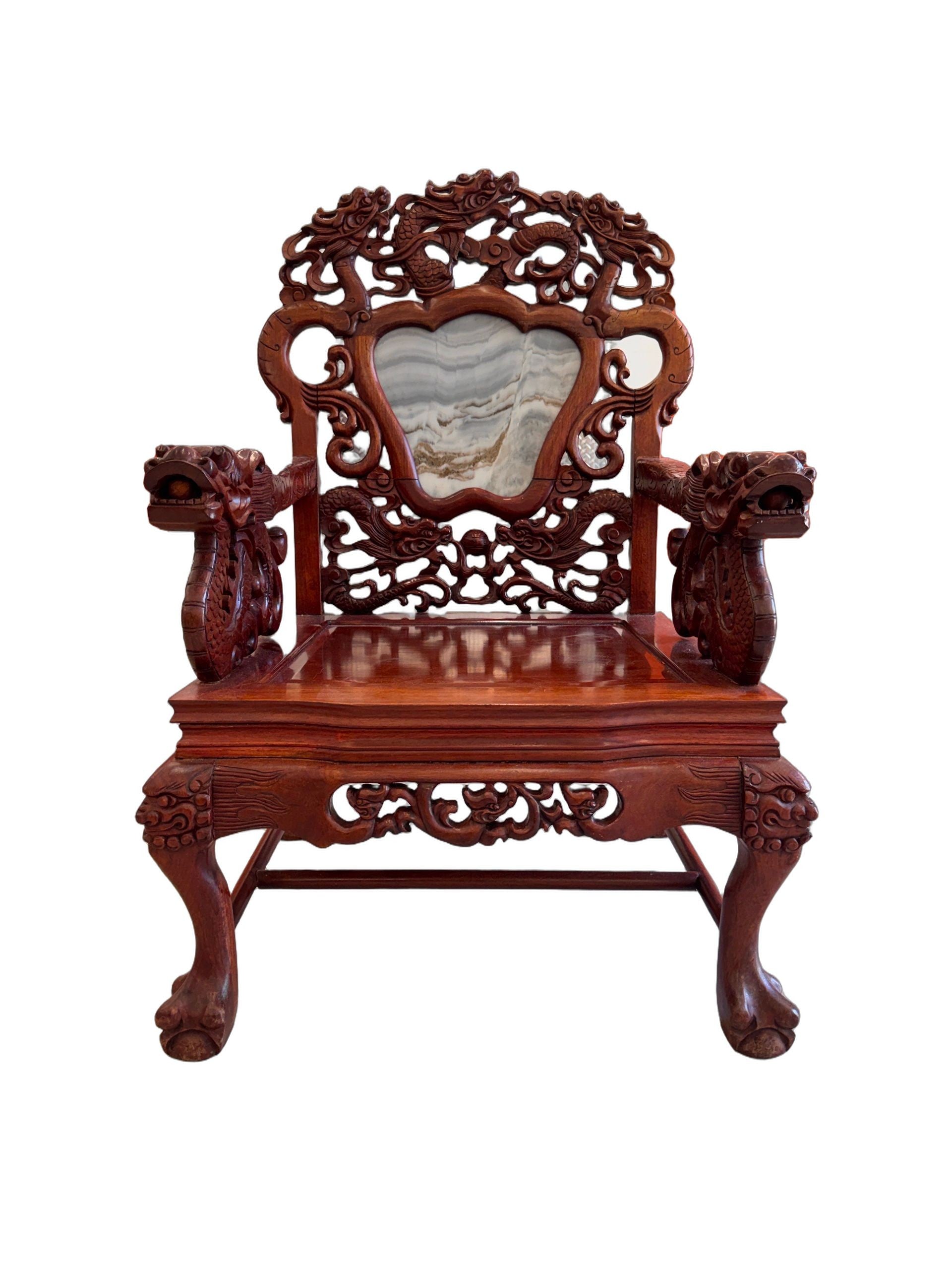 Antique Chinese Rosewood Dragon Armchair – Peranakan Style Carved Chair with Marble Insert, c. late 19th or early 20th century