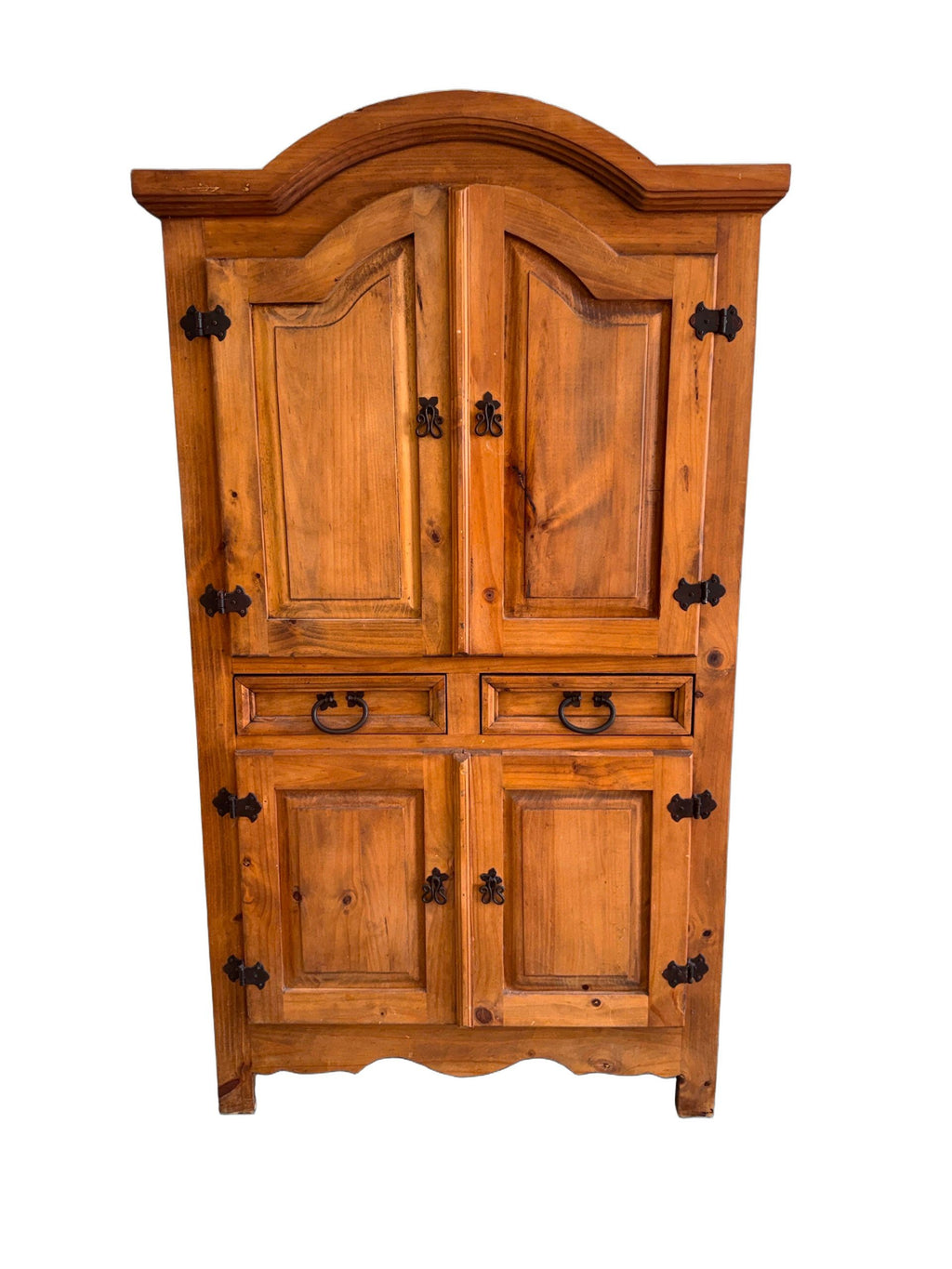 1980s Rustic Solid Pine Storage Armoire with Wrought Iron Accents, Mexico