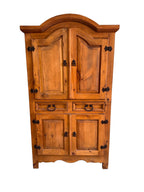 1980s Rustic Solid Pine Storage Armoire with Wrought Iron Accents, Mexico
