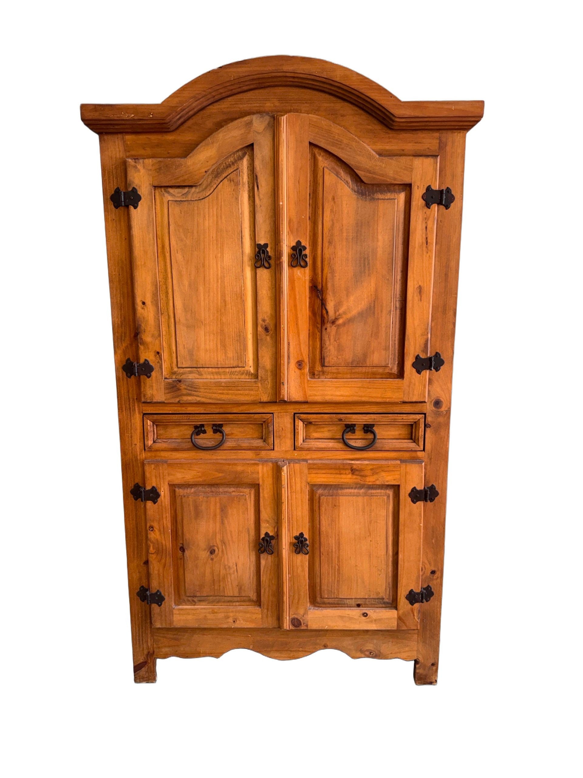 1980s Rustic Solid Pine Storage Armoire with Wrought Iron Accents, Mexico