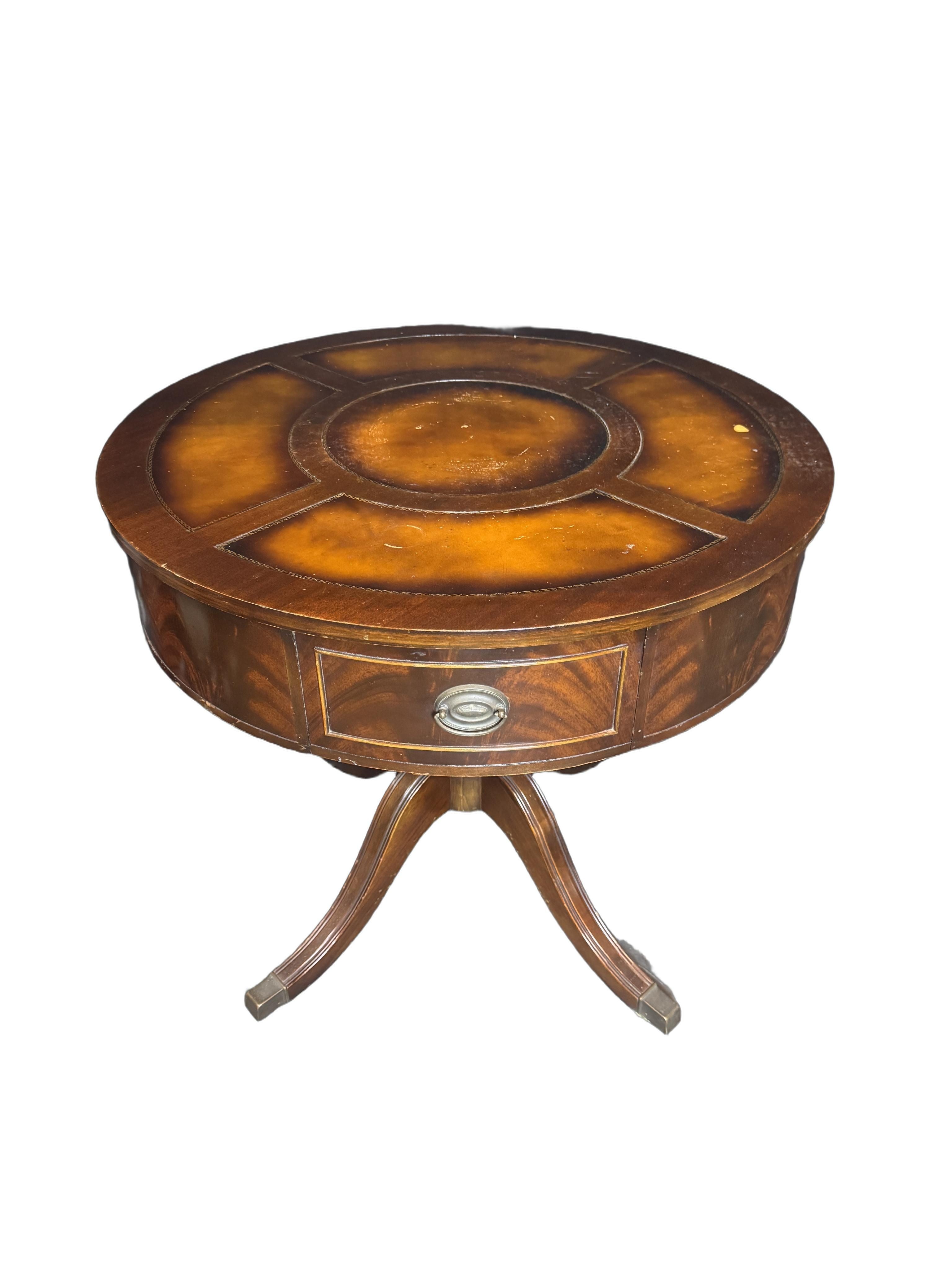 Antique Duncan Phyfe Style Mahogany Drum Center Table with Gold-Tooled Leather Top, Early 20th Century