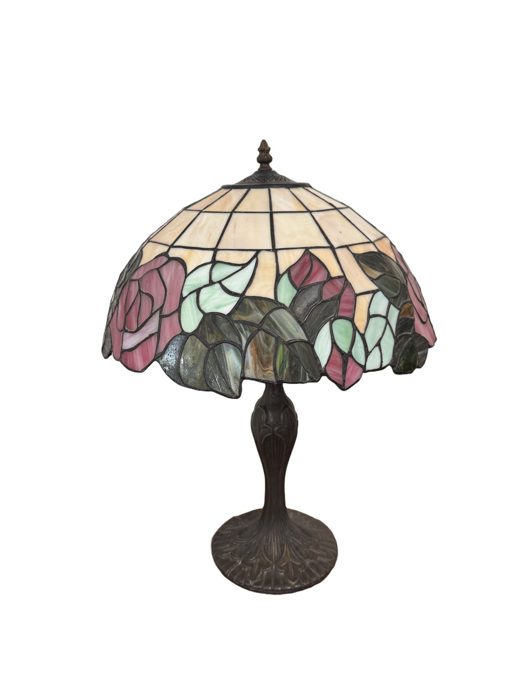 Vintage Art Nouveau Style Rose Stained Glass Desk or Table Lamp, c. 1990s