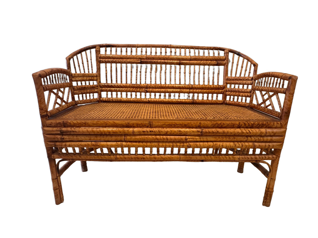 Vintage Brighton Pavilion Style Burnt Bamboo & Cane Settee Bench, c. 1970s