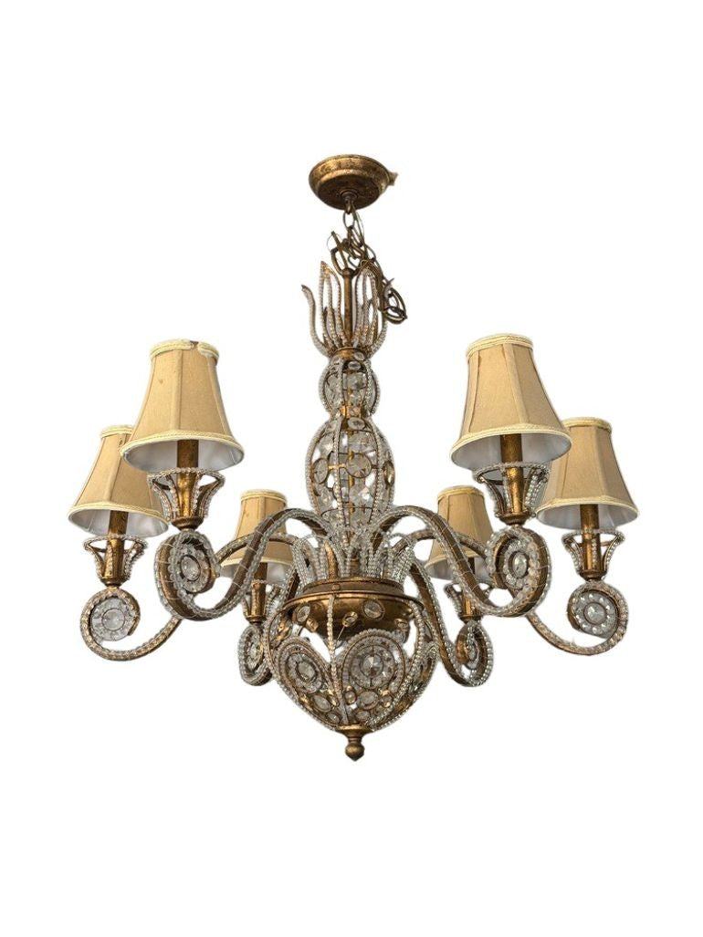 Vintage 1960s Regency Six Arm Chandelier with Gilt Iron and Crystal Beads