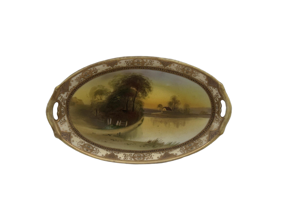 Antique Japanese Hand-Painted Nippon Plate by Morimura Brothers, Rural Lake Scene, c. 1911–1921