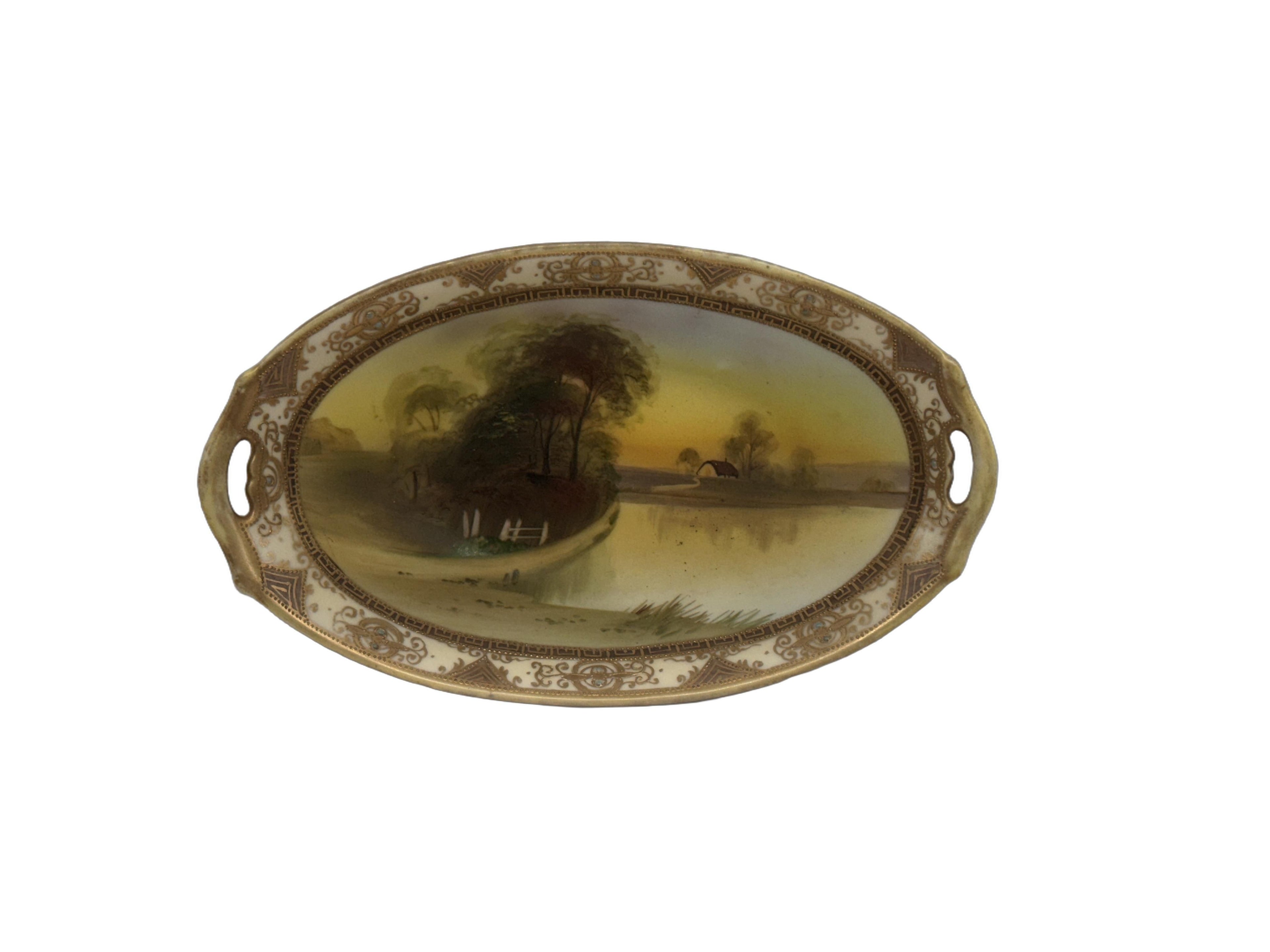 Antique Japanese Hand-Painted Nippon Plate by Morimura Brothers, Rural Lake Scene, c. 1911–1921
