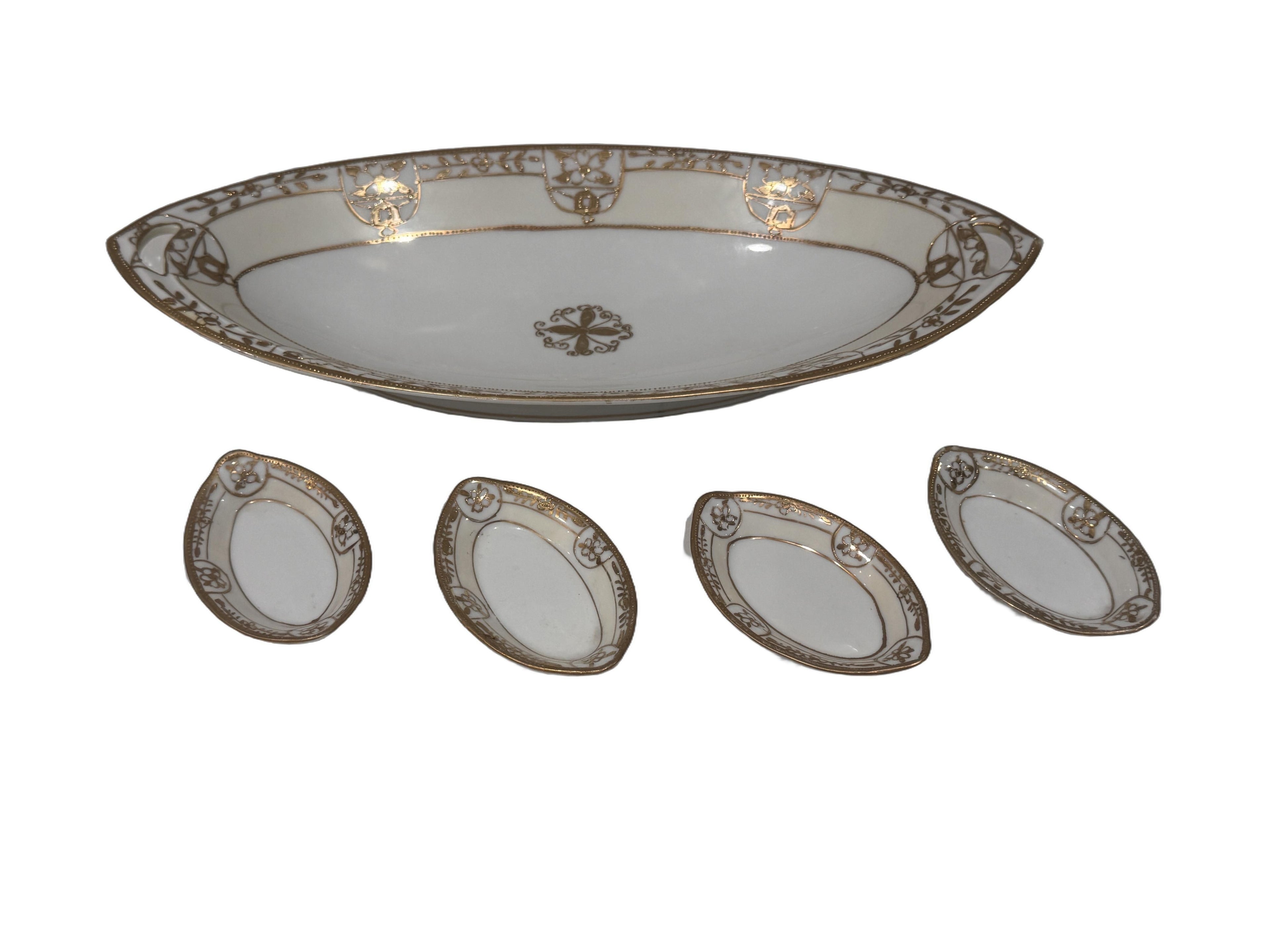 Antique Nippon Hand-Painted Porcelain Celery Bowl & Salt Cellars, Set of 5 – Morimura Brothers, c. 1910–1921