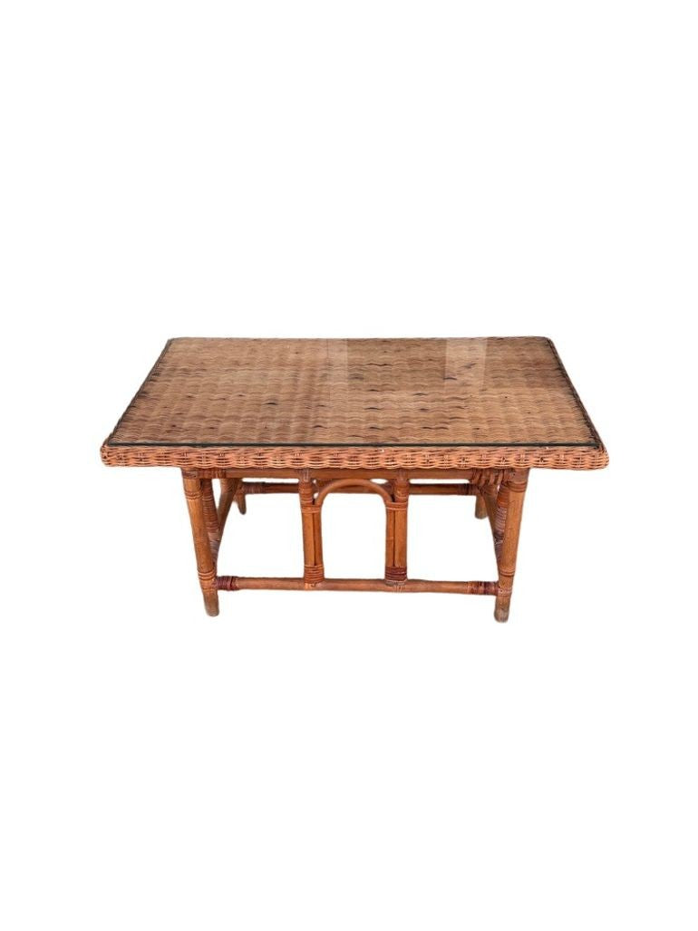 Vintage MCM Wicker Rattan Coffee Table with Glass Top