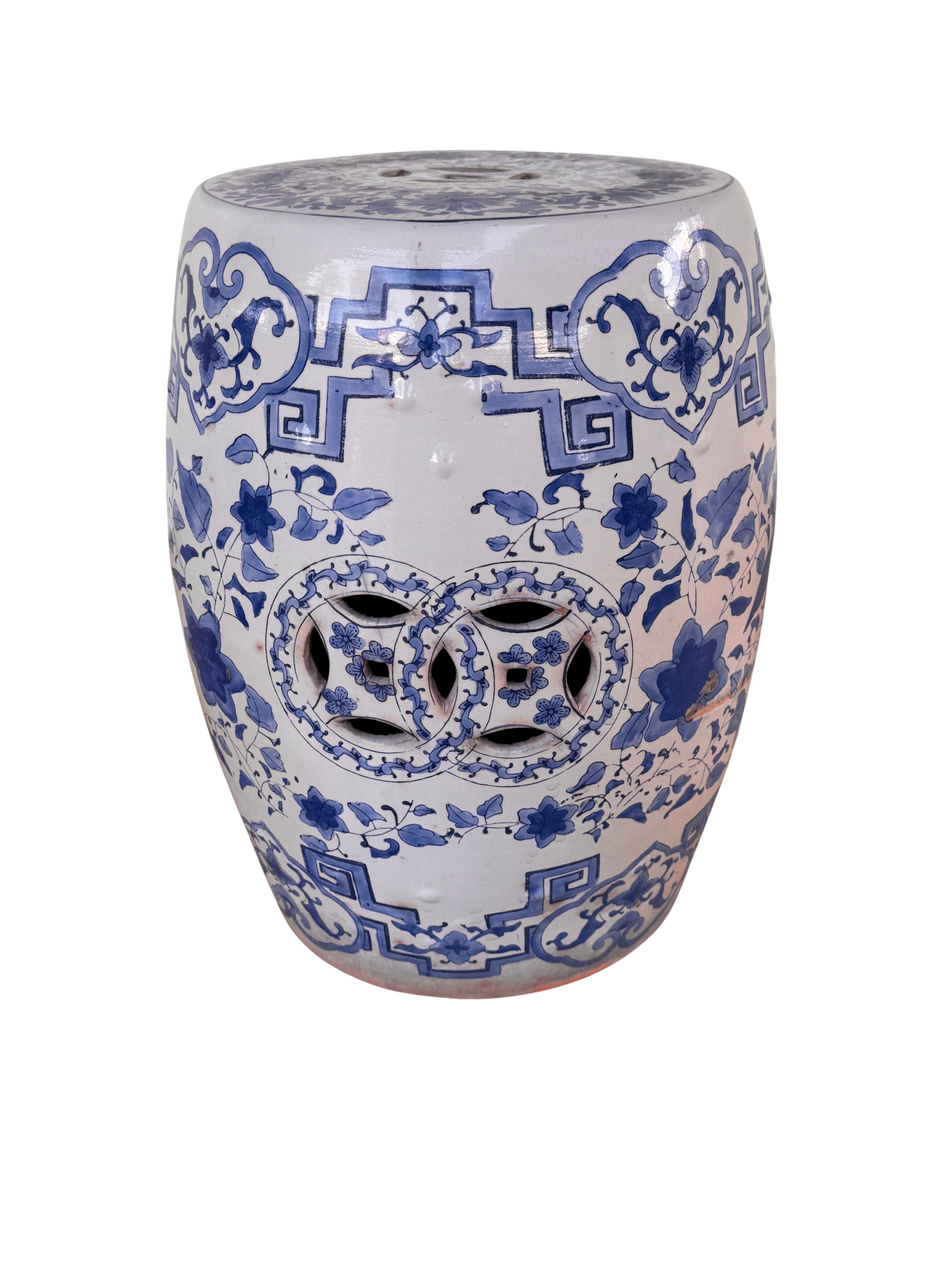 Vintage Terracotta Blue and White Chinese Garden Stool, Plant Stand