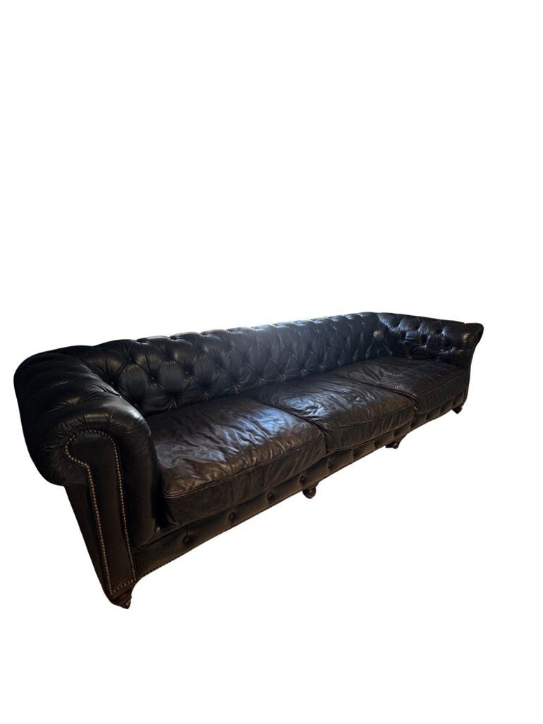 Restoration Hardware Kensington Ebony Leather Sofa with 44” depth and Luxe Down Feather Fill
