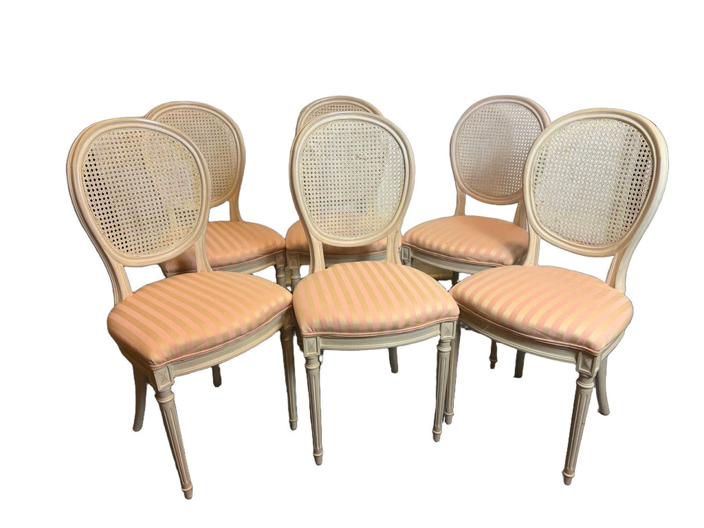 Vintage French Louis XVI Style Oval Cane Back Dining Chairs, Set of 6, c. 1970s