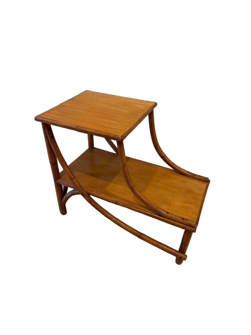 Vintage Heywood-Wakefield Style Rattan & Bamboo Two-Tier Side Table, c. 1960s