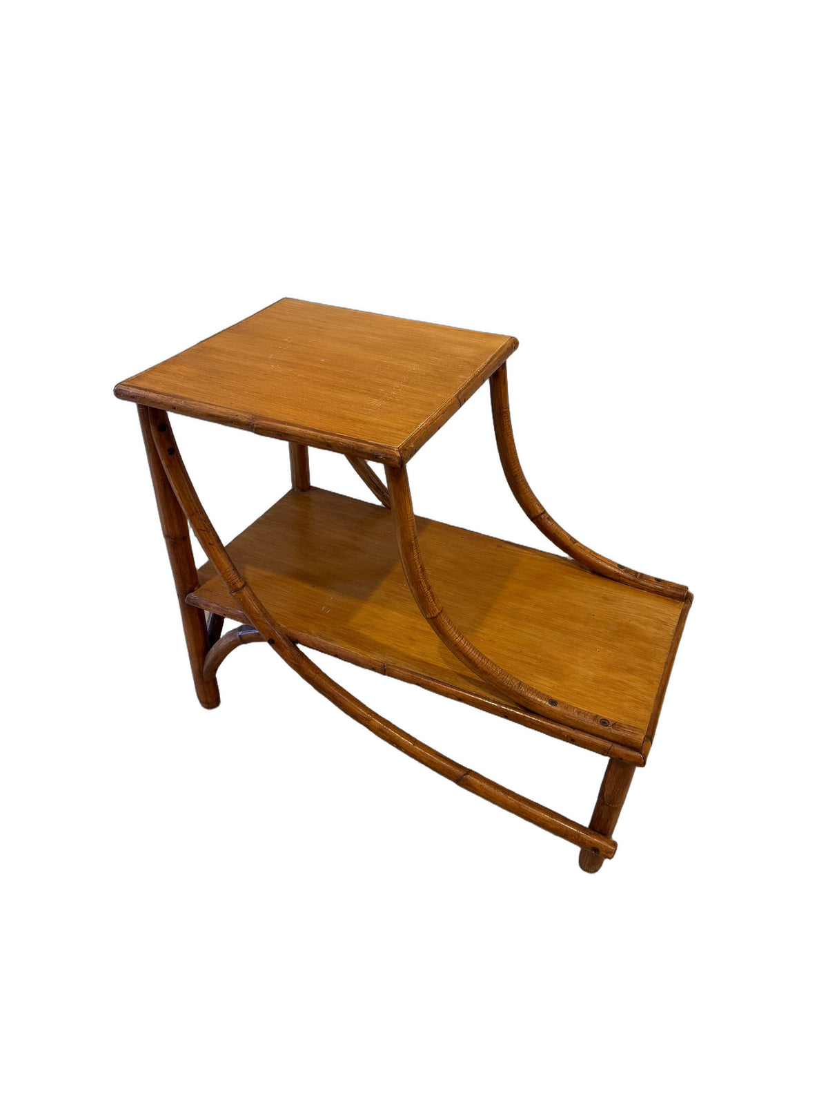 Vintage Heywood-Wakefield Style Rattan & Bamboo Two-Tier Side Table, c. 1960s