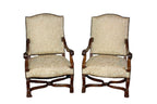 Antique French Louis XIV Style Nail Head Upholstered Arm Chairs - Set of 2