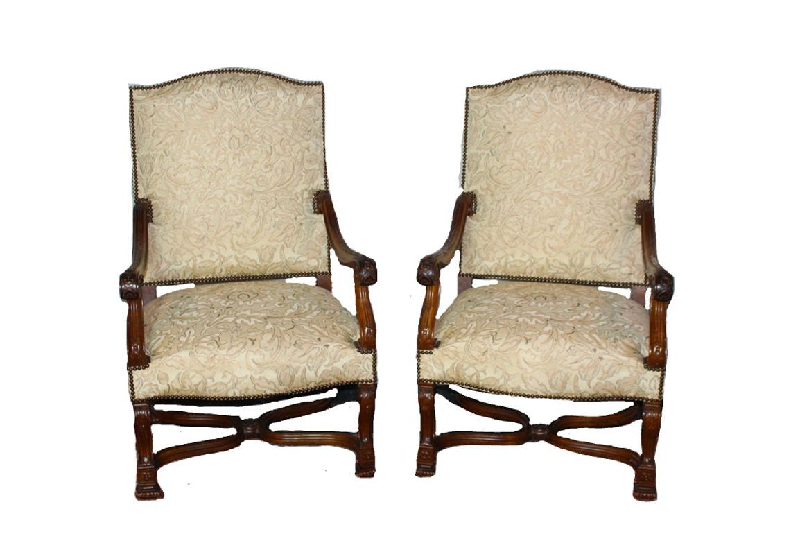 Antique French Louis XIV Style Nail Head Upholstered Arm Chairs - Set of 2