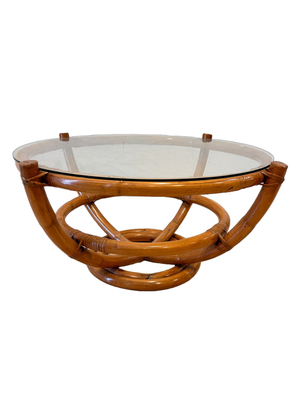 Vintage Sculptural Palm Beach Style Rattan Coffee Table with Round Glass Top, c. 1970s