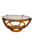 Vintage Sculptural Palm Beach Style Rattan Coffee Table with Round Glass Top, c. 1970s