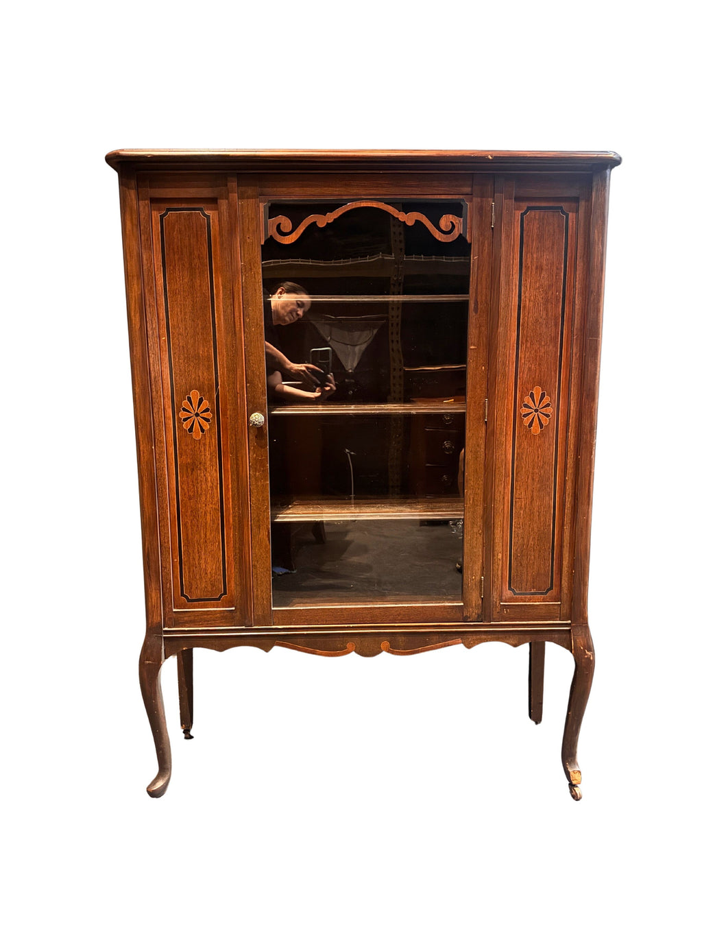 Antique Queen Anne Style Walnut Display Cabinet Bookcase Curio, c. 1920s