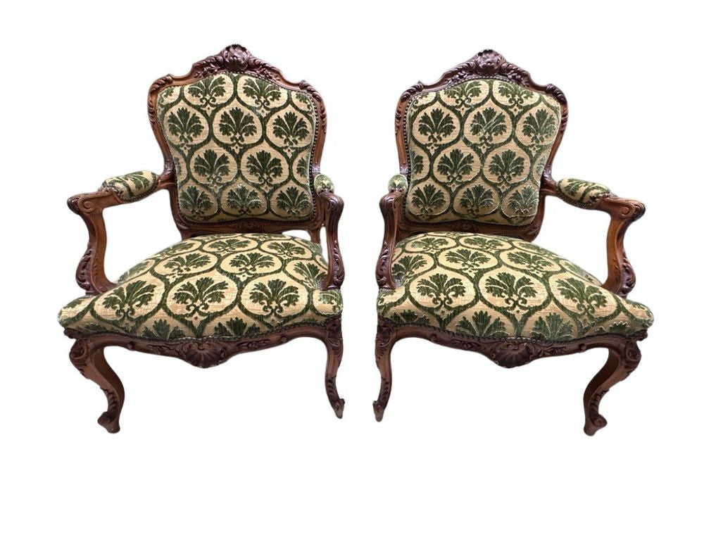Antique French Louis XV Style Carved Walnut Bergere Armchairs with Green and Gold Damask and Nail head Details - Set of Two
