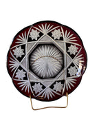 Antique Czech Bohemian  Ruby Red Art Deco Hand Cut to Clear Crystal Plate featuring Starburst Geometric Patterns , c. 1920