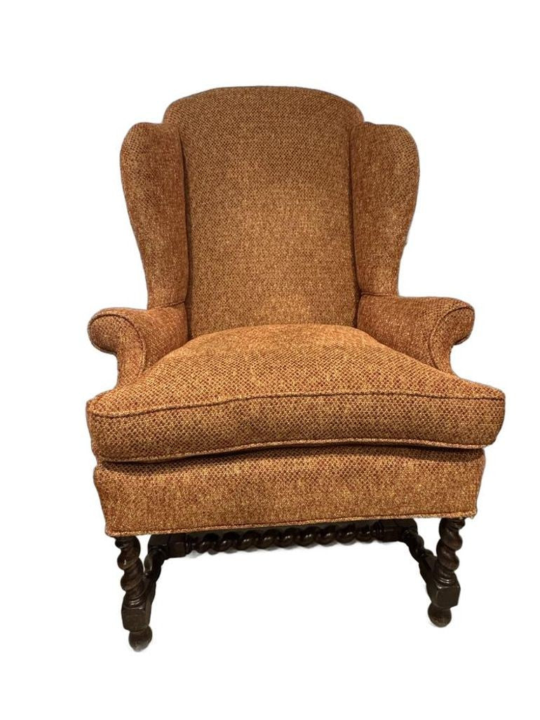 Vintage Queen Anne & Archie Bunker Style Wingback Chair with Carved Spindle Legs