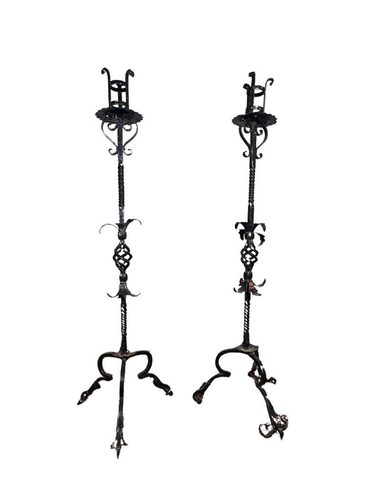Antique Wrought Iron Floor Candelabras - Holds One Pillar Candle  - Set of 2