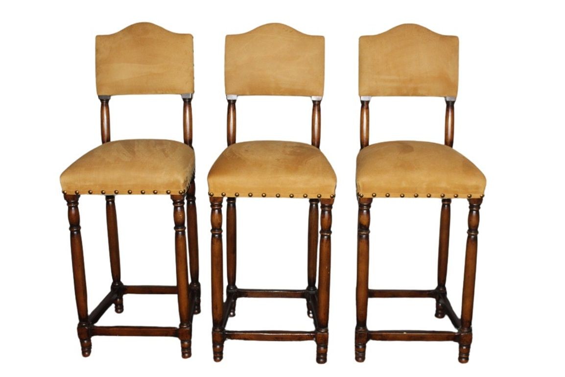 Vintage Suede Barstools with Nail Head Detail - Set of 3