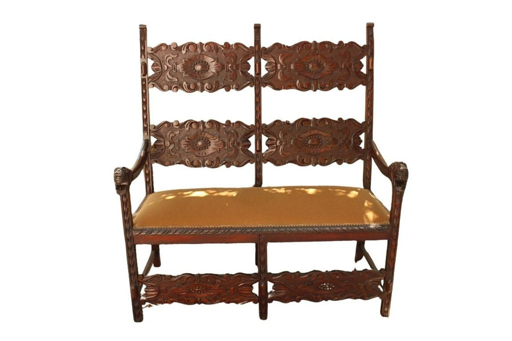 Antique Italian Carved Walnut Upholstered Bench, c. late 1800s