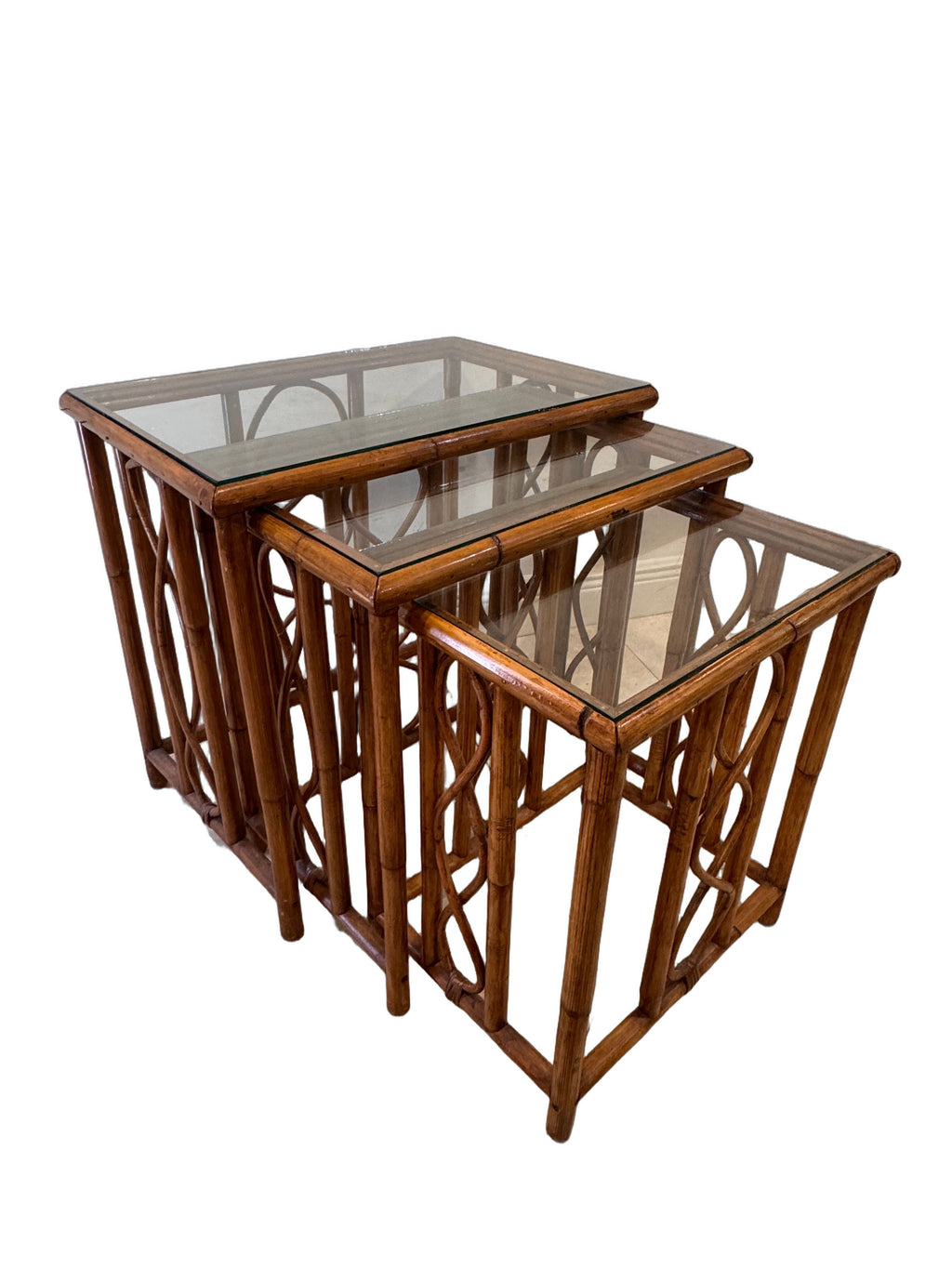 Vintage Burnt Bamboo Rattan Nesting Tables with Glass Tops, Set of 3, c. 1970s