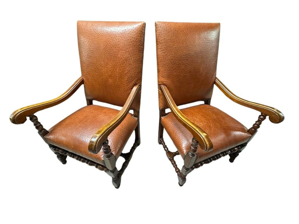 Antique Brown Leather Armchairs with Nailhead Details, Bobbin-Turned Legs, and Scrolled Arms- Set of 2, c. Early 1900s