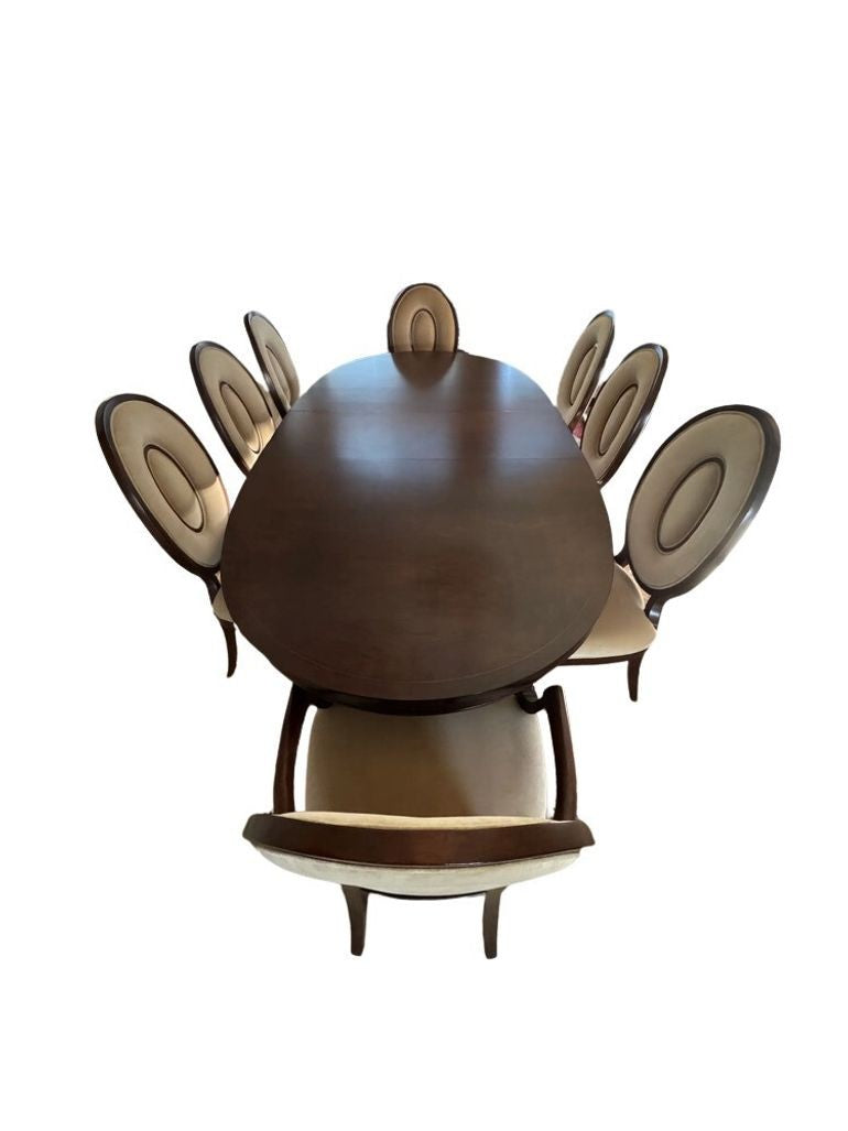 Thomasville Lumine Collection Dining Table with Double Pedestal, 8 Upholstered Chairs and Three Leaf Extension