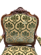 Antique French Louis XV Style Carved Walnut Bergere Armchairs with Green and Gold Damask and Nail head Details - Set of Two