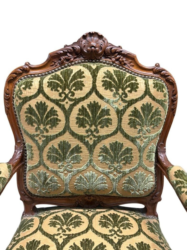 Antique French Louis XV Style Carved Walnut Bergere Armchairs with Green and Gold Damask and Nail head Details - Set of Two