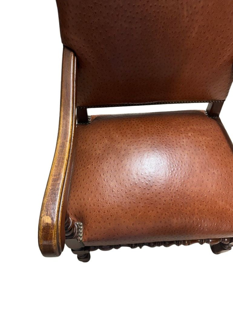 Antique Brown Leather Armchairs with Nailhead Details, Bobbin-Turned Legs, and Scrolled Arms- Set of 2, c. Early 1900s